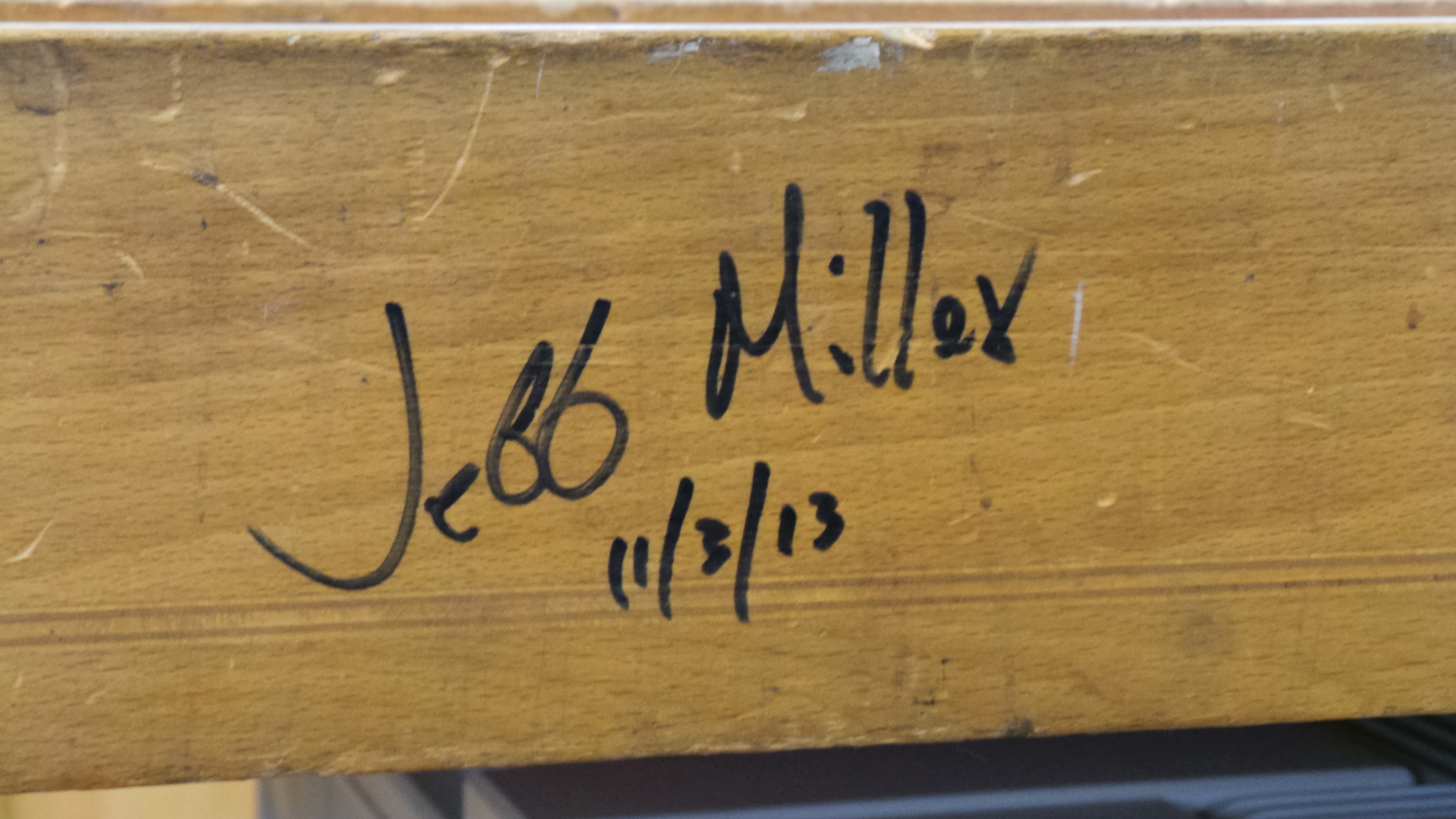 Jeff’s signature on the instructor’s bench at Highland.