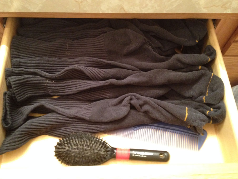 Grab and run. Every sock in the drawer matches and they all fade and age at the same rate. When the bottom wears out, it becomes a polishing rag, finish application rag, or cleaning aid.