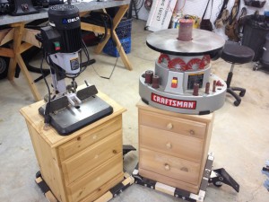 Not calling for heavy-duty function, these “real-wood” cabinets are up to the job of holding the oscillating spindle sander and stationary mortising machine. 
