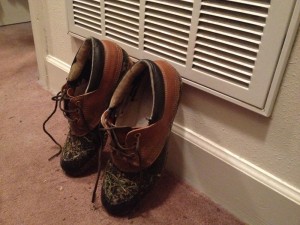 Another free use of the air conditioner plenum: When your shoes get wet, whether from perspiration, rain or flood, lean them up near the return air duct on your AC and they will dry thoroughly. Assuming, of course, that you have more than one pair of shoes.