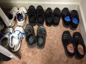 As you can tell by my Imelda Marcos starter kit, I have a shoe for every occasion. Running shoes, walking shoes, good tennis shoes, work tennis shoes, dress shoes for Sunday and dress shoes that alternate working days.